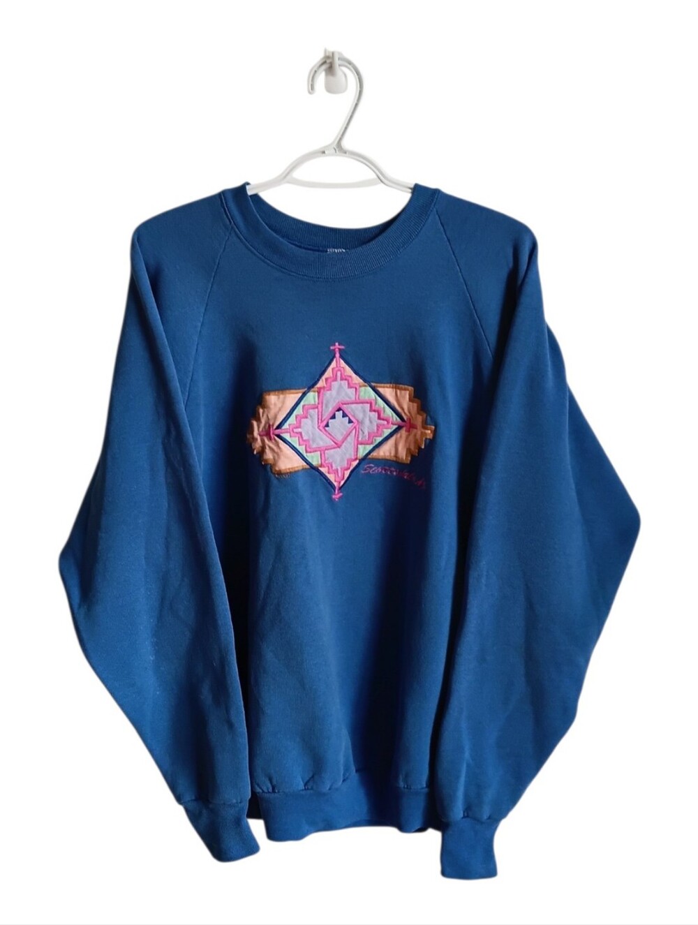 Vintage 80s Arizona Blue Crewneck Sweatshirt with Southwestern Embroidered Patch
